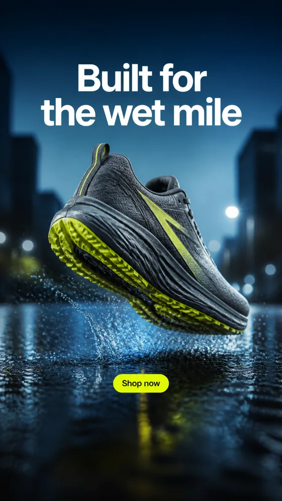 A 9:16 running-shoe advertisement generated from a one-line brief