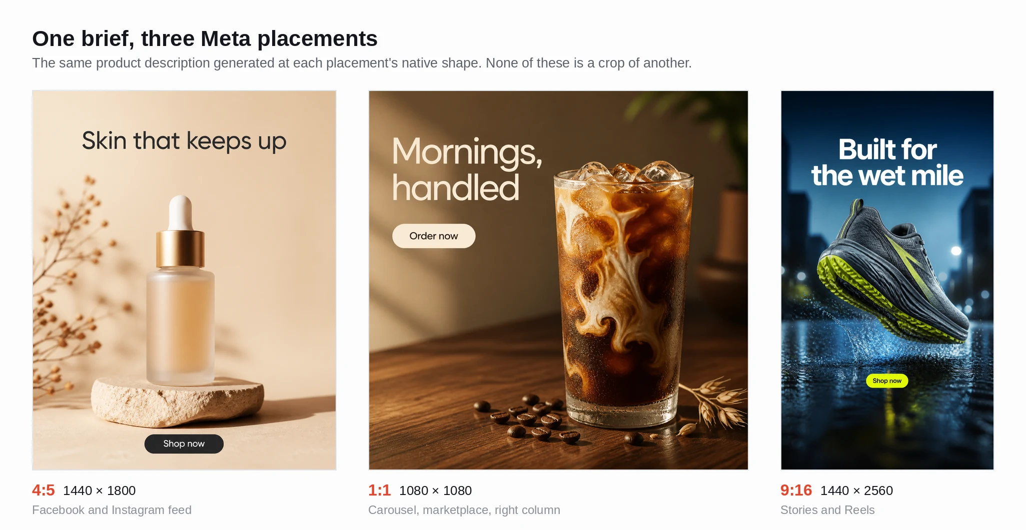 Three finished advertisements generated from one brief, shown side by side at 4:5, 1:1 and 9:16